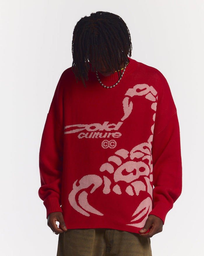 POISON KNIT RED AND SALMON - red graphic print knit sweater, front view on male model - Cold Culture #man