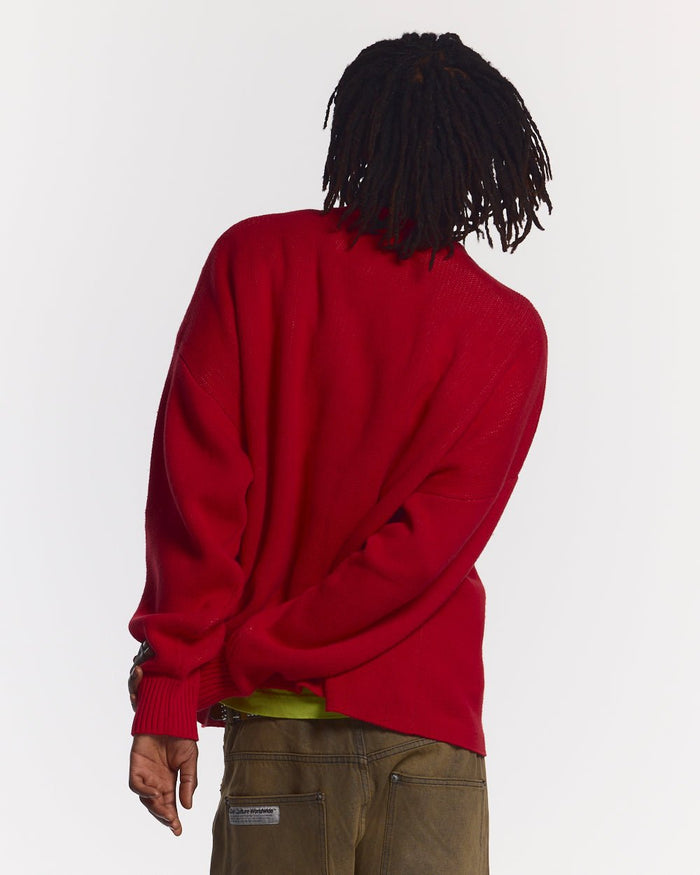 POISON KNIT RED AND SALMON - red graphic print knit sweater, back view on male model - Cold Culture #man