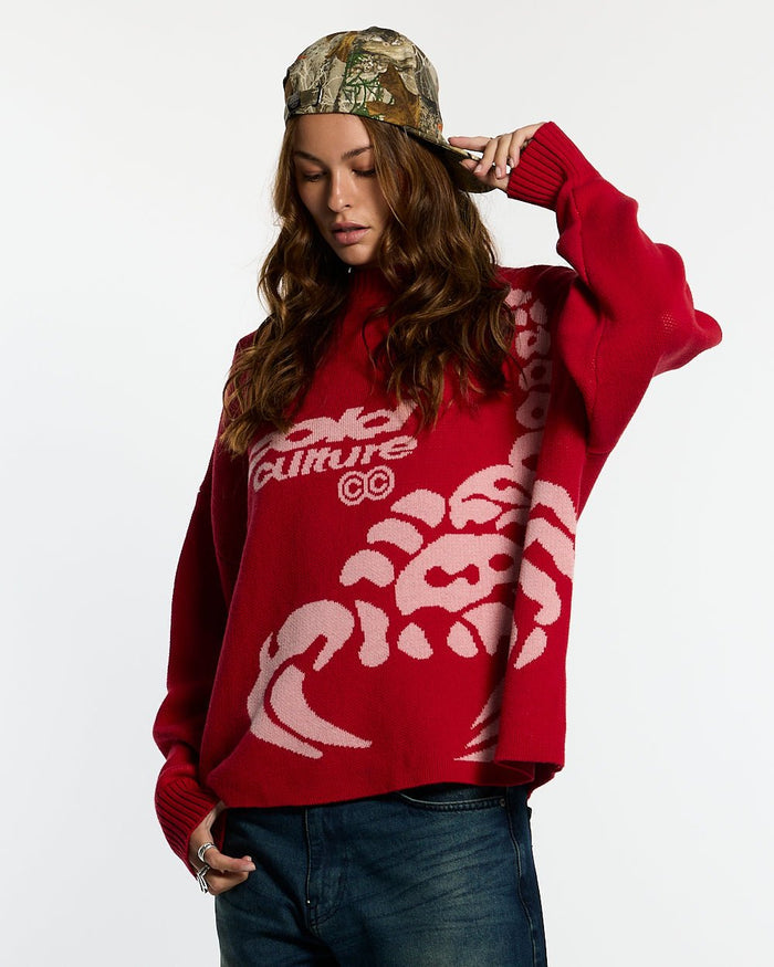 POISON KNIT RED AND SALMON - red graphic print knit sweater, front view on female model - Cold Culture #woman