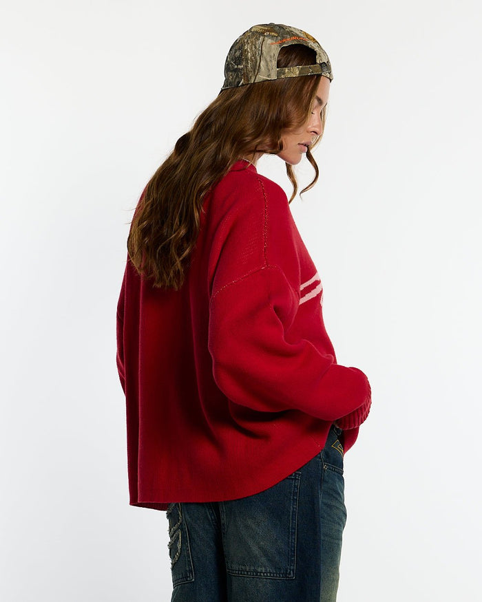 POISON KNIT RED AND SALMON - red graphic print knit sweater, back view on female model - Cold Culture #woman