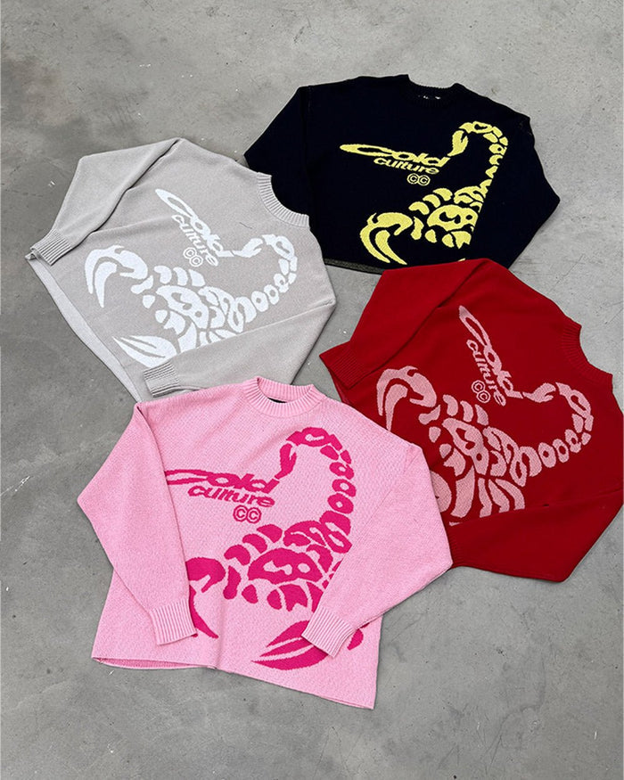 POISON KNIT RED AND SALMON - red graphic print knit sweater, flat lay with matching pieces - Cold Culture