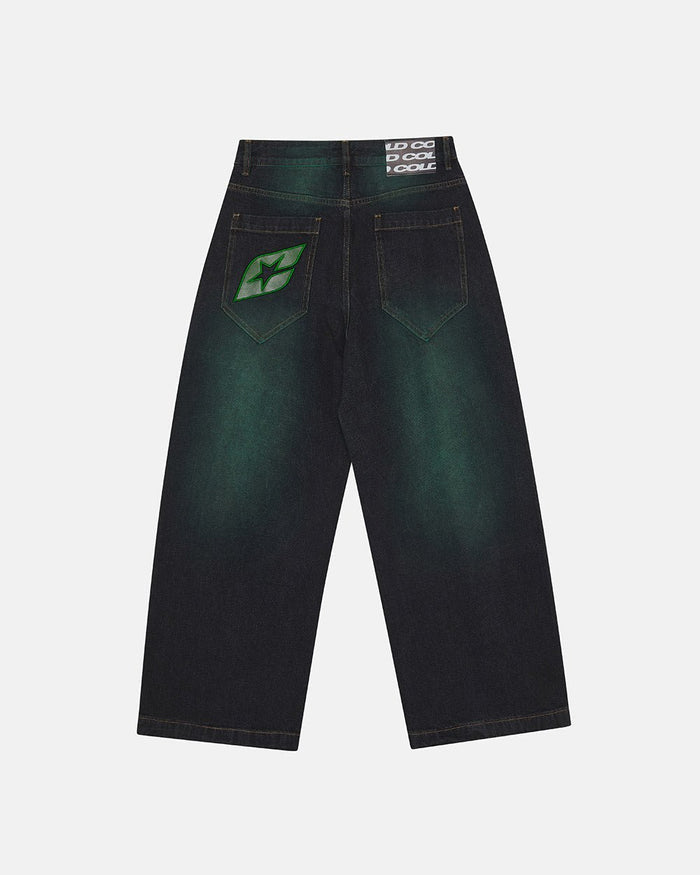 PRECIOUS V3 PANTS BLACK & GREEN - black and green denim pants, back view - Cold Culture