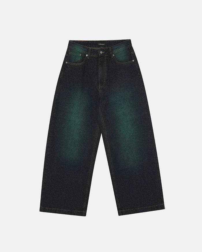 PRECIOUS V3 PANTS BLACK & GREEN - black and green denim pants, front view - Cold Culture
