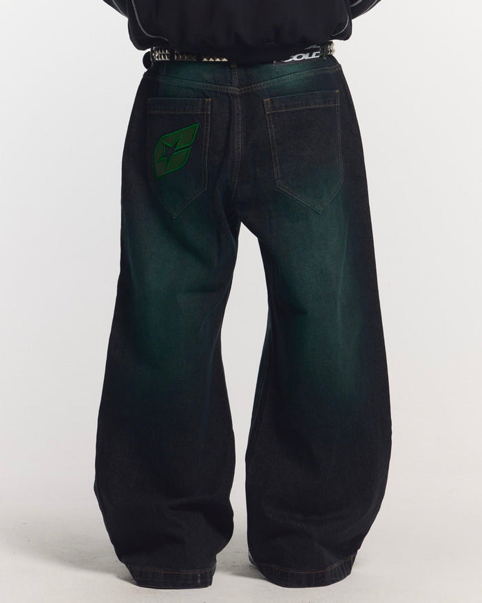 PRECIOUS V3 PANTS BLACK & GREEN - black and green denim pants, back view on male model - Cold Culture #man