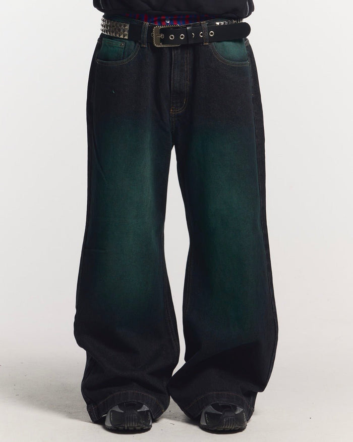 PRECIOUS V3 PANTS BLACK & GREEN - black and green denim pants, front view on male model - Cold Culture #man