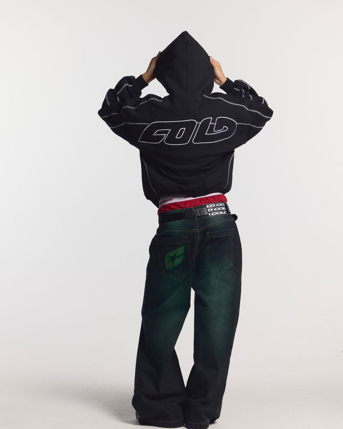 PRECIOUS V3 PANTS BLACK & GREEN - black and green denim pants, back view on female model - Cold Culture #woman