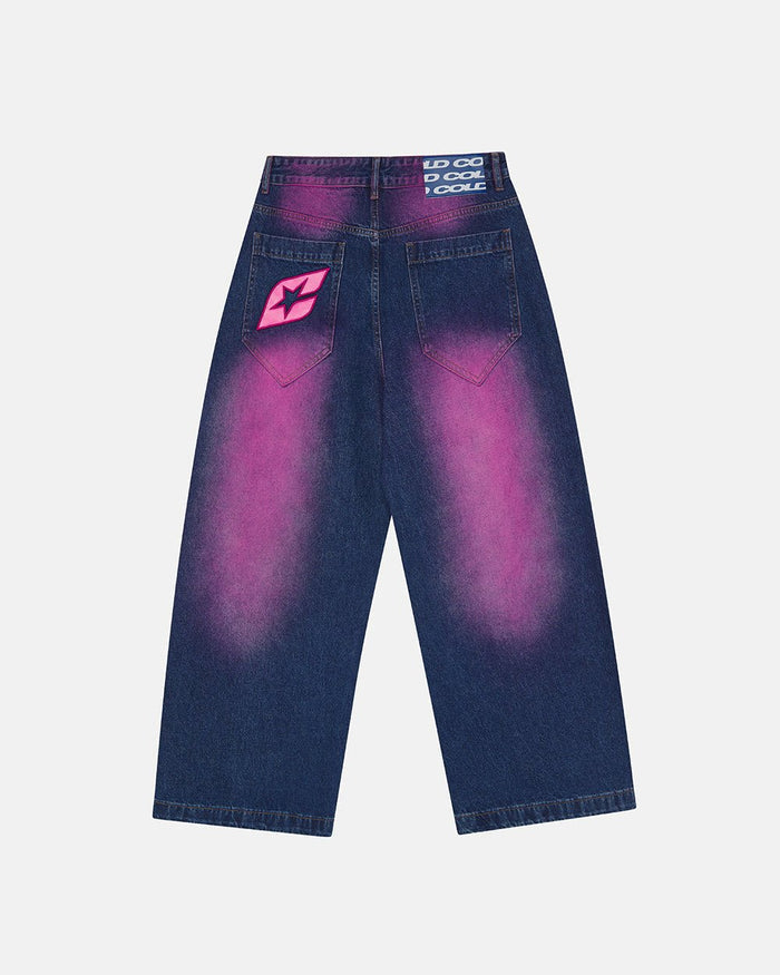 PRECIOUS V3 PANTS BLUE & PINK - blue and pink denim pants, back view - Cold Culture