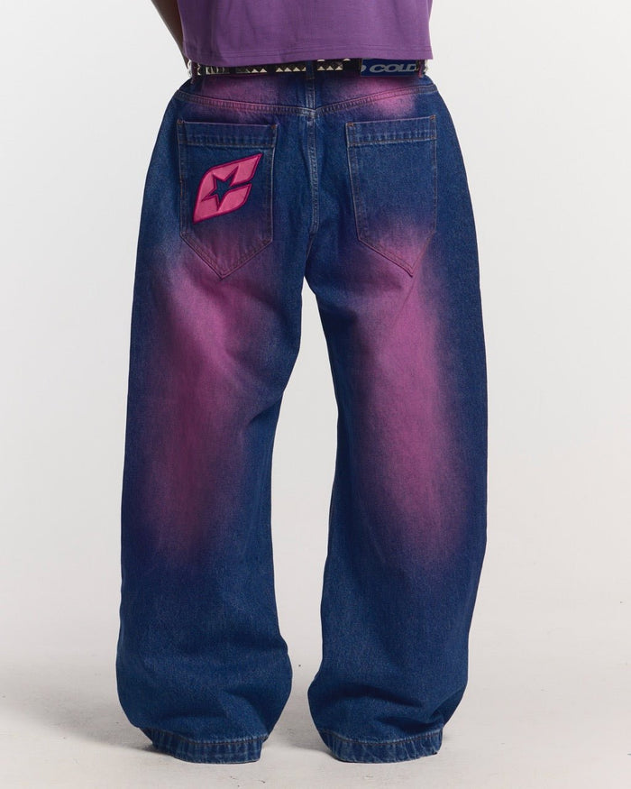 PRECIOUS V3 PANTS BLUE & PINK - blue and pink denim pants, back view on male model - Cold Culture #man
