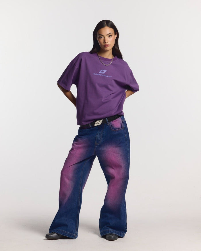 PRECIOUS V3 PANTS BLUE & PINK - blue and pink denim pants, front view on female model - Cold Culture #woman