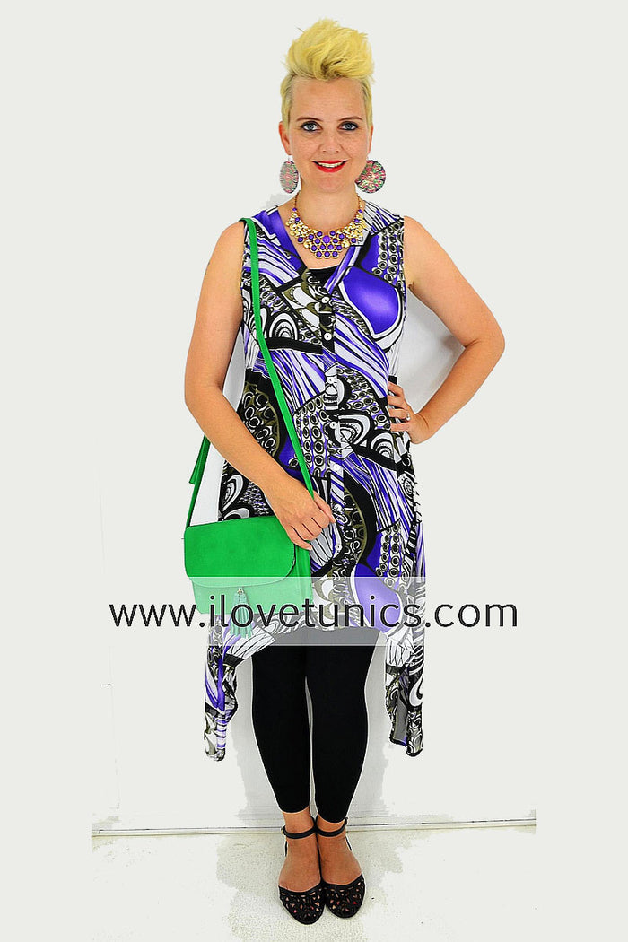 Vivid purple button-up Ace tunic with long sleeves and a relaxed fit, displayed on a hanger against a neutral background.