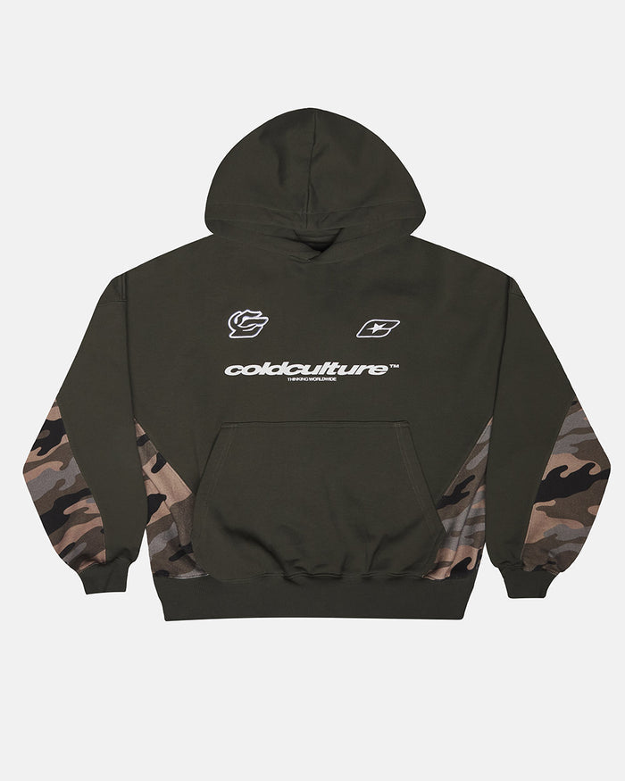 RACING CAMO HOODIE DARK GREEN - dark green camo hoodie, front view - Cold Culture