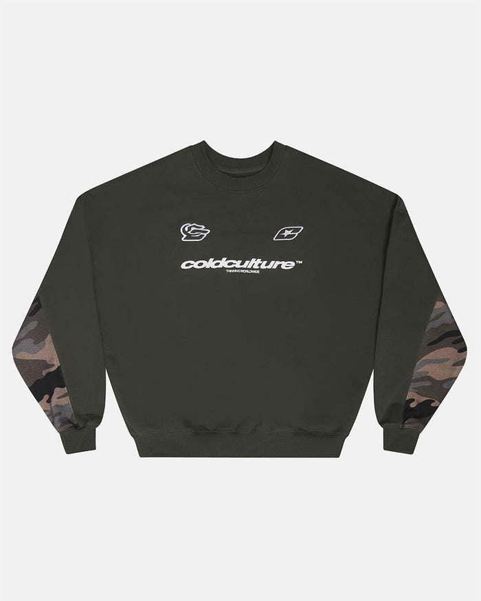 RACING CREWNECK CAMO GREY - grey camo crewneck sweatshirt, front view - Cold Culture
