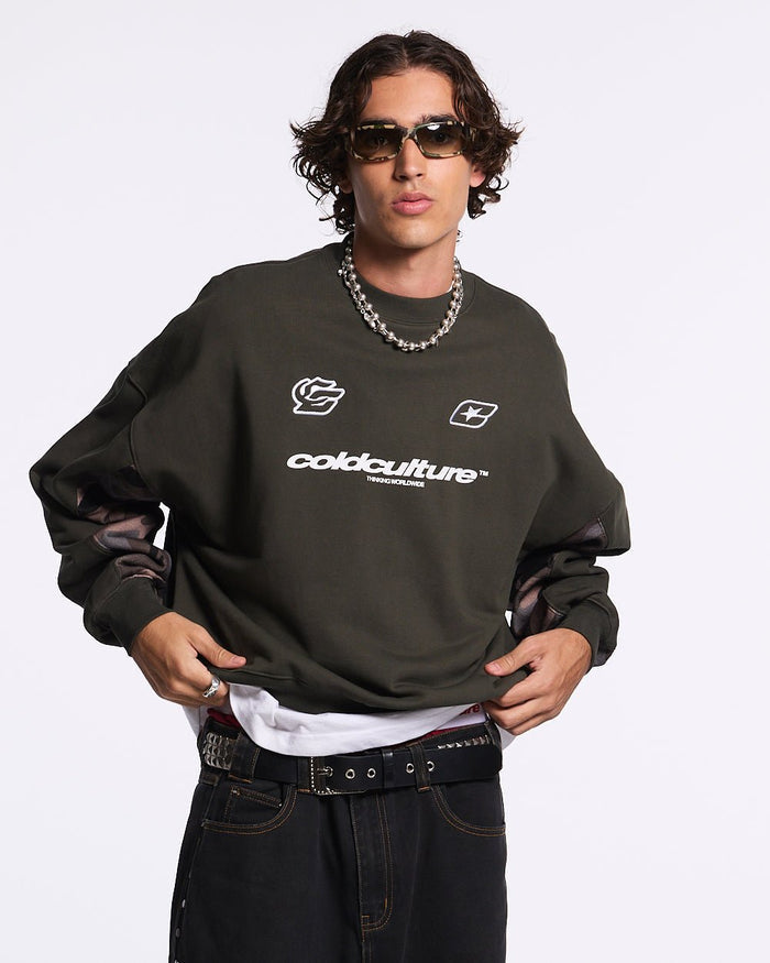 RACING CREWNECK CAMO GREY - grey camo crewneck sweatshirt, front view on male model - Cold Culture #man