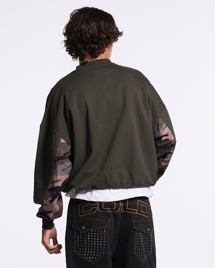 RACING CREWNECK CAMO GREY - grey camo crewneck sweatshirt, back view on male model - Cold Culture #man