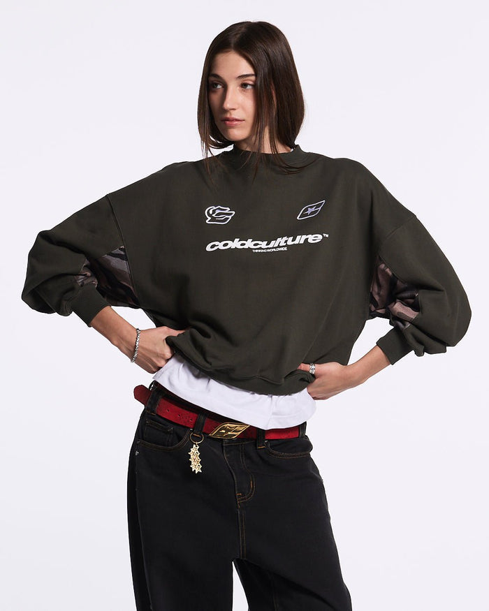 RACING CREWNECK CAMO GREY - grey camo crewneck sweatshirt, front view on female model - Cold Culture #woman
