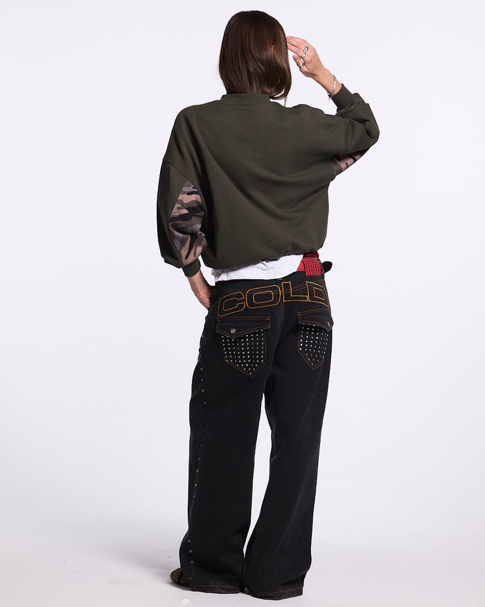 RACING CREWNECK CAMO GREY - grey camo crewneck sweatshirt, back view on female model - Cold Culture #woman