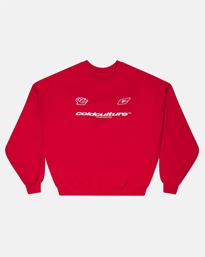 RACING CREWNECK RED - red logo print crewneck sweatshirt, front view - Cold Culture