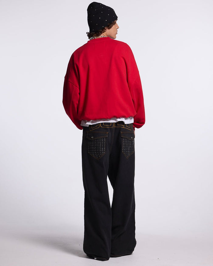 RACING CREWNECK RED - red logo print crewneck sweatshirt, back view on male model - Cold Culture #man