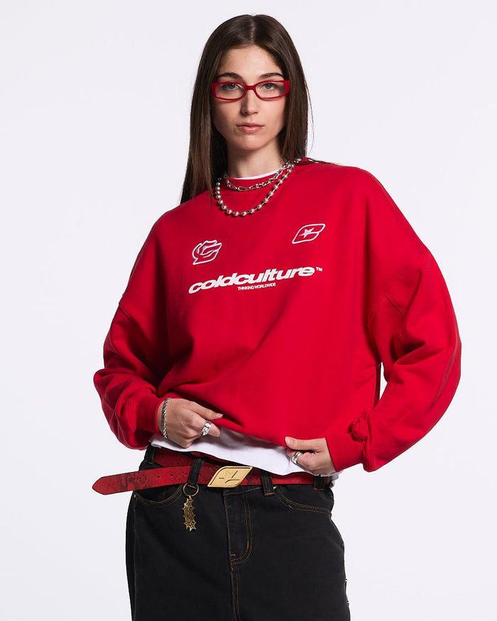RACING CREWNECK RED - red logo print crewneck sweatshirt, front view on female model - Cold Culture #woman