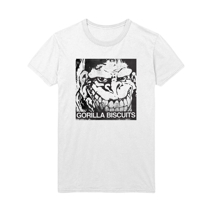 Gorilla Biscuits white T-shirt with a black and white graphic of a grinning gorilla face above bold GORILLA BISCUITS text.