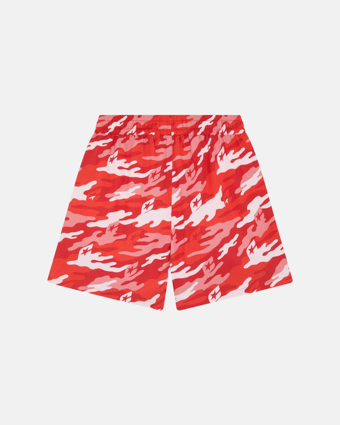 RED CAMO SWIM SHORT - red camo swim shorts, back view - Cold Culture