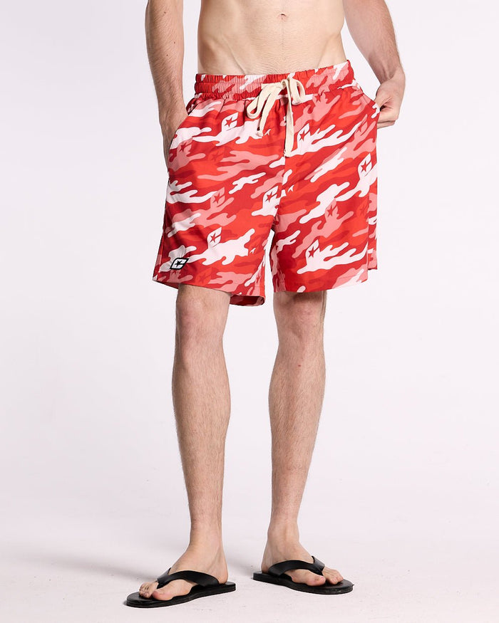 RED CAMO SWIM SHORT - red camo swim shorts, front view on male model - Cold Culture
