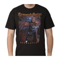 Someone wearing a black Armored Saint T-shirt with a detailed illustration of a skeletal armored figure holding a book, plus the band name and Revelation in stylized text.