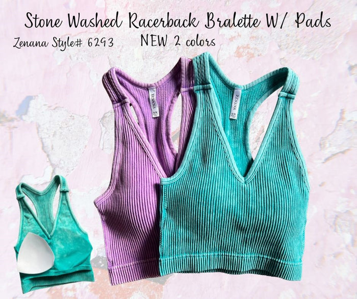 Ribbed Padded Cropped Racerback Stone Washed Tank Top Brami bralette by Zenana
