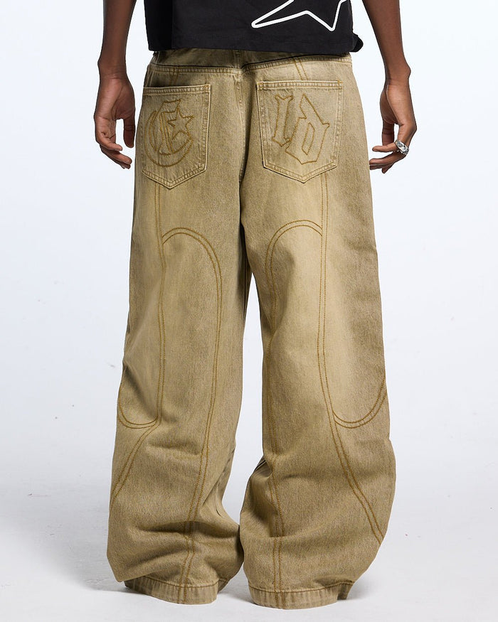 ROCKSTAR V2 PANTS BROWN - washed brown denim pants, back view on male model - Cold Culture #man