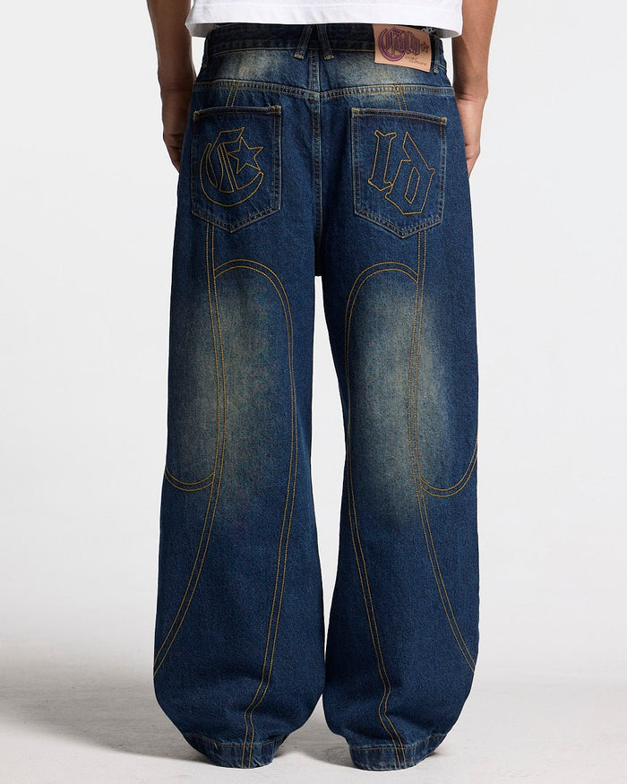 ROCKSTAR V2 PANTS DENIM - washed blue denim pants, back view on male model - Cold Culture #man
