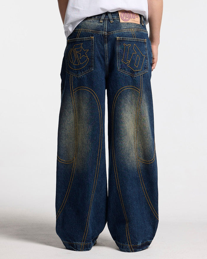 ROCKSTAR V2 PANTS DENIM - washed blue denim pants, back view on female model - Cold Culture #woman