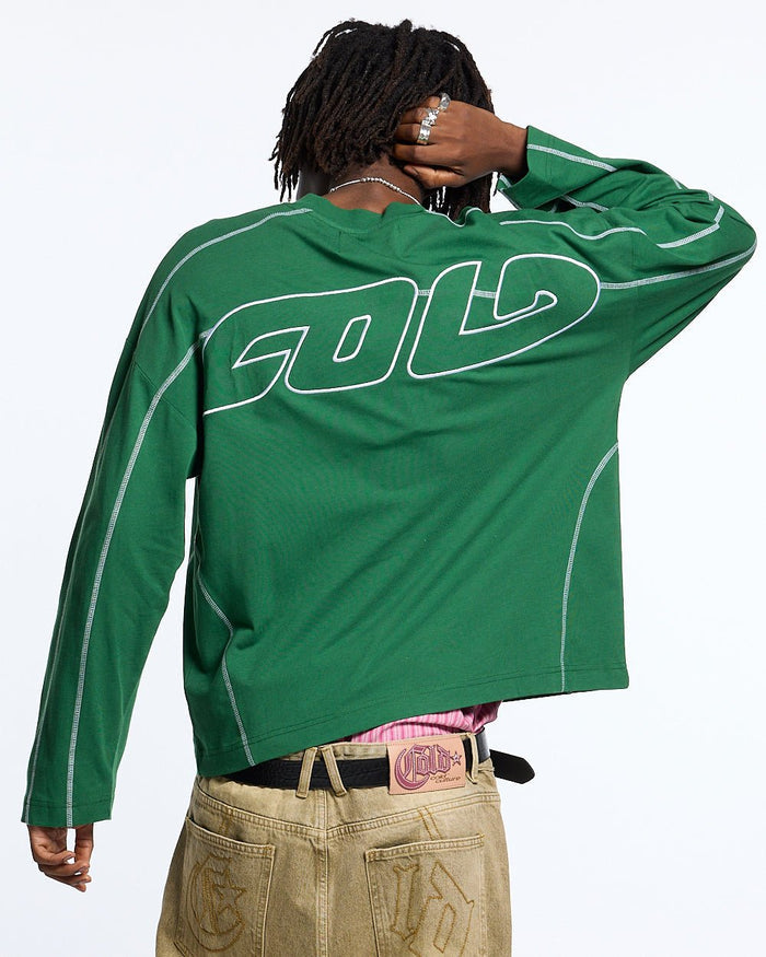ROLLER LONGSLEEVE TEE GREEN - green contrast stitch longsleeve tee, back view on male model - Cold Culture #man