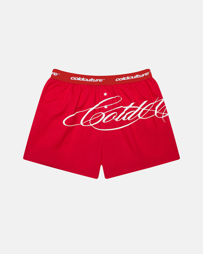 SCRIPT BOXERS PACK RED/ BLACK - red and black script print boxers, front view - Cold Culture