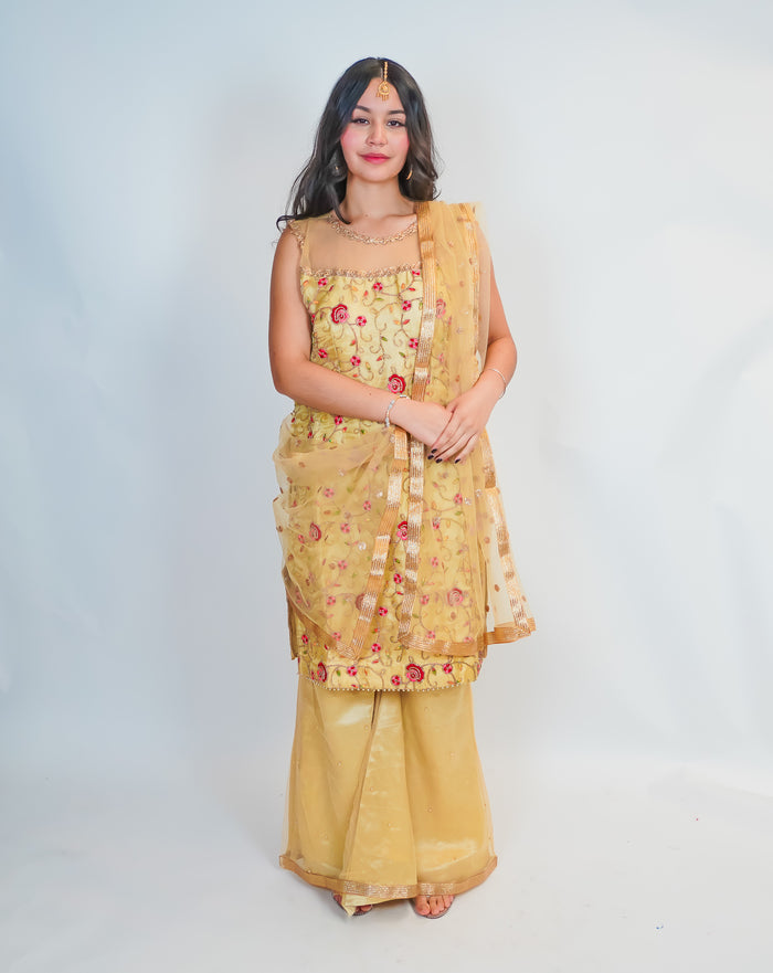 Silk Dark Gold with Rose Embroidery Salwar Kameez