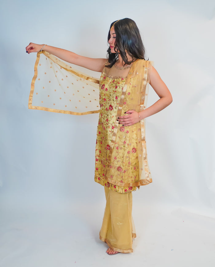Silk Dark Gold with Rose Embroidery Salwar Kameez