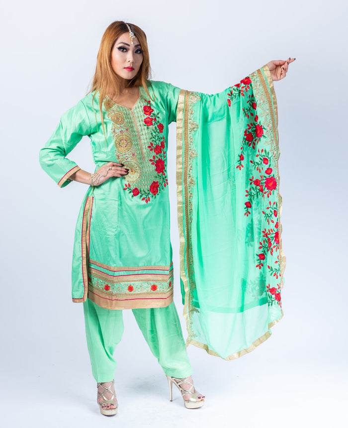 Silk Jade Green With Chili Red Roses Embroidered Salwar Kameez