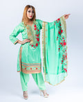 Silk Jade Green With Chili Red Roses Embroidered Salwar Kameez
