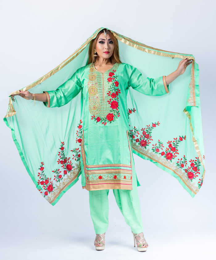 Silk Jade Green With Chili Red Roses Embroidered Salwar Kameez