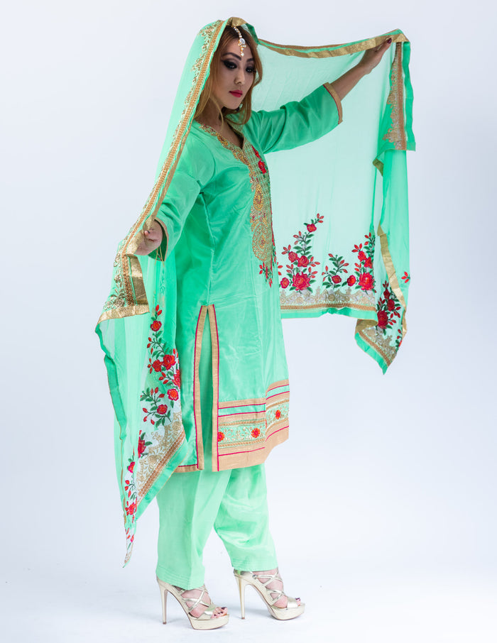 Silk Jade Green With Chili Red Roses Embroidered Salwar Kameez