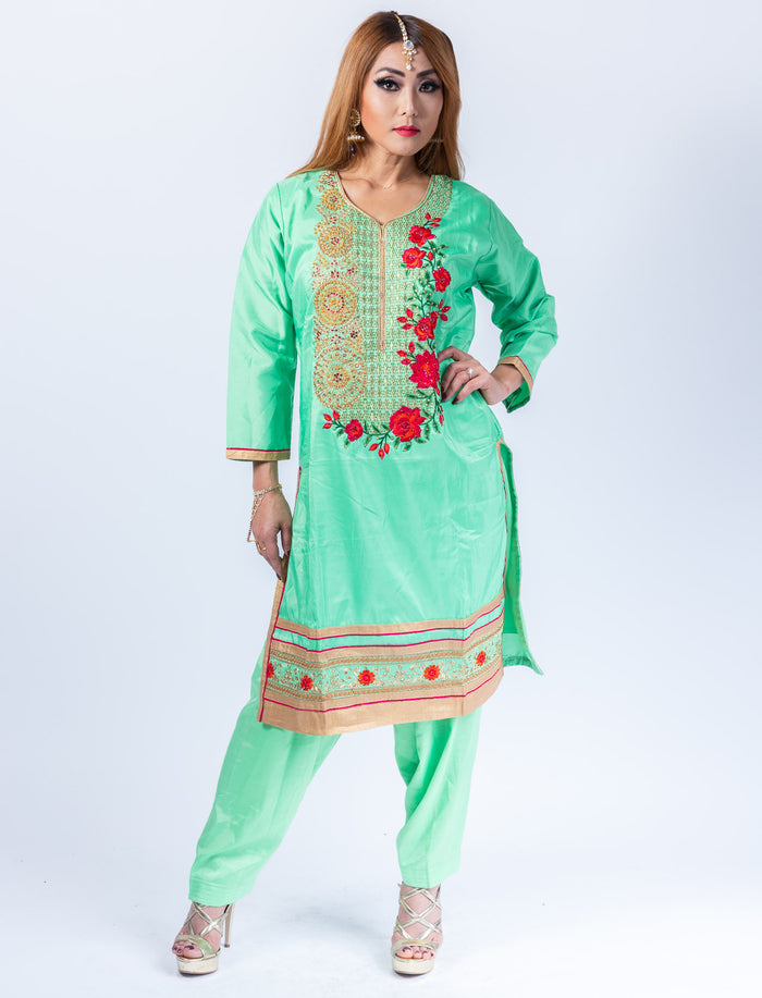 Silk Jade Green With Chili Red Roses Embroidered Salwar Kameez