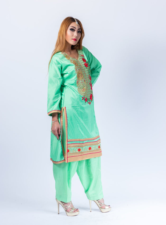 Silk Jade Green With Chili Red Roses Embroidered Salwar Kameez