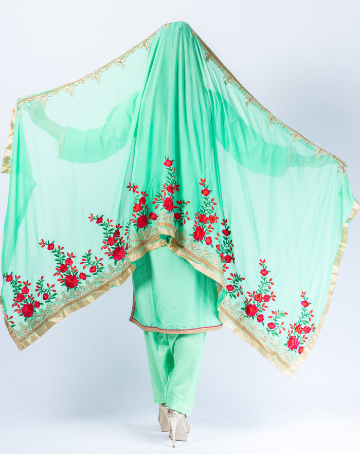 Silk Jade Green With Chili Red Roses Embroidered Salwar Kameez