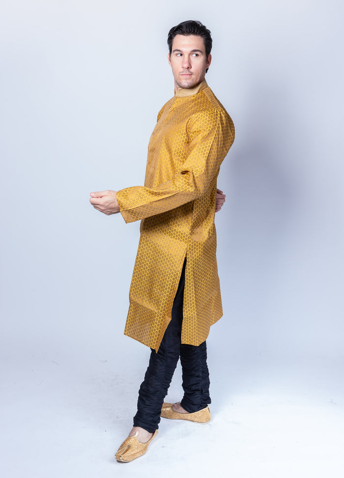 Silk Mustard Yellow All Button Down Men's Kurta