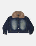 SOFT FUR DENIM JACKET RAW DENIM - dark denim jacket with fur collar, front view - Cold Culture