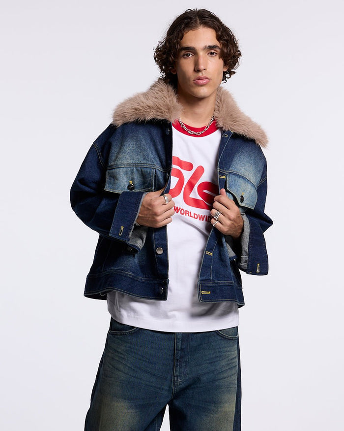 SOFT FUR DENIM JACKET RAW DENIM - dark denim jacket with fur collar, front view on male model - Cold Culture #man
