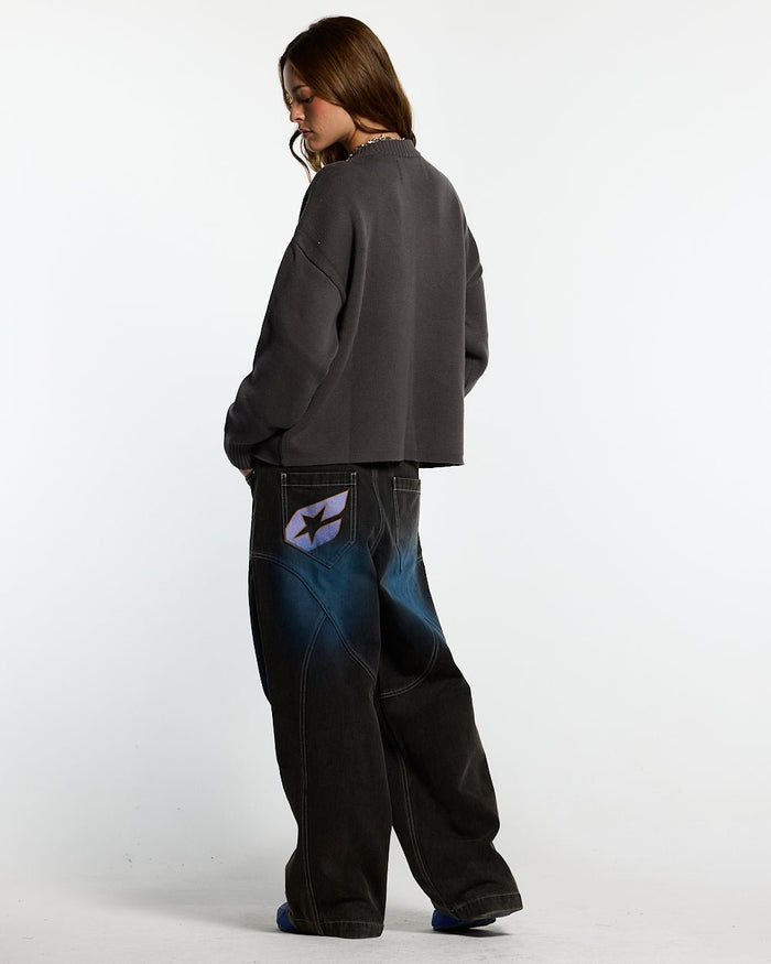 SPIDER KNIT GREY - grey spider print knit sweater, back view on female model - Cold Culture #woman