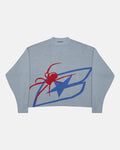 SPIDER KNIT LIGHT BLUE - light blue spider print knit sweater, front view - Cold Culture