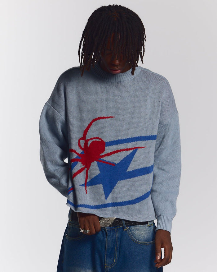 SPIDER KNIT LIGHT BLUE - light blue spider print knit sweater, front view on male model - Cold Culture #man