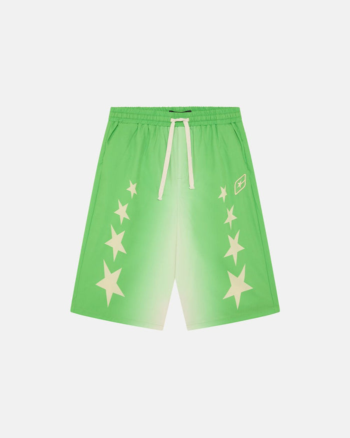 STARS WIDE SWIM SHORTS GREEN - green star print swim shorts, front view - Cold Culture
