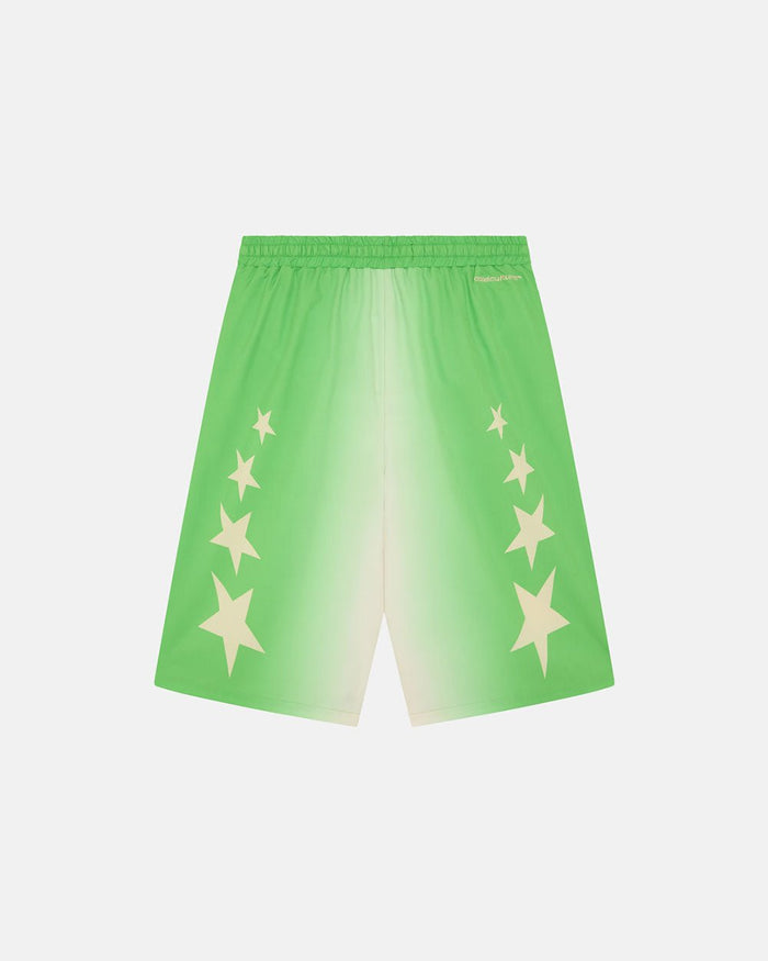 STARS WIDE SWIM SHORTS GREEN - green star print swim shorts, back view - Cold Culture